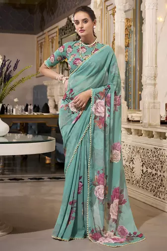Green spectacular georgette printed with pearl lace saree with unstitched blouse