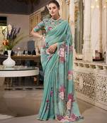 Green spectacular georgette printed with pearl lace saree with unstitched blouse