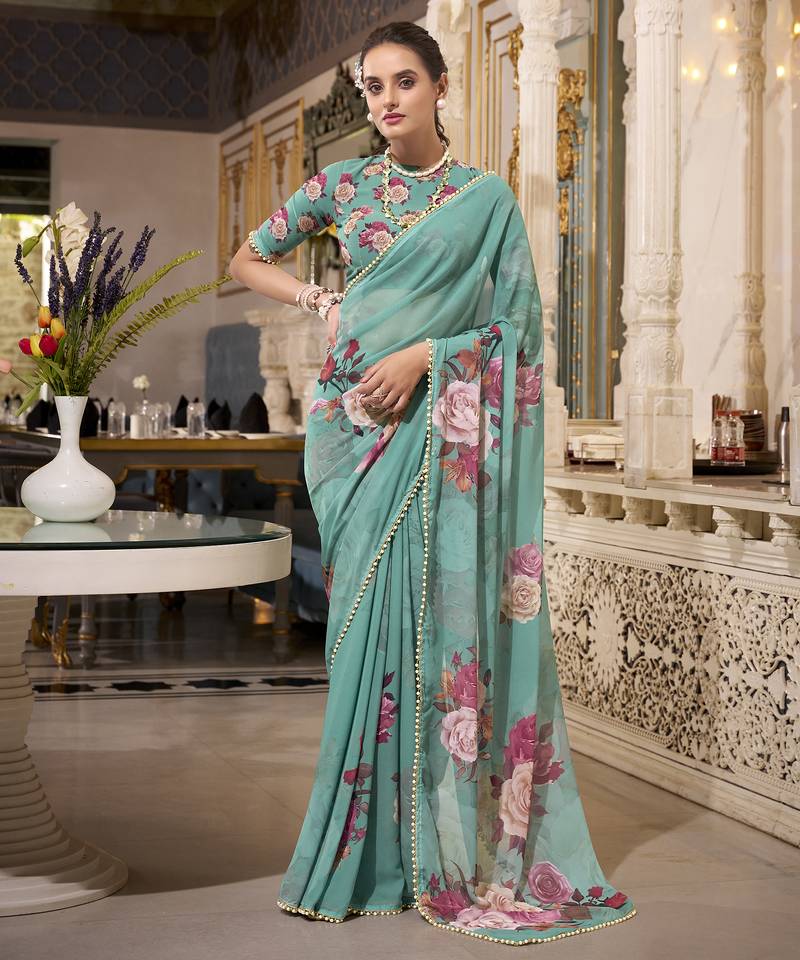 Green spectacular georgette printed with pearl lace saree with unstitched blouse