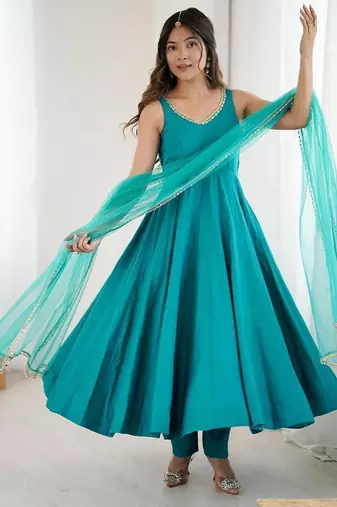 teal blue sleeveless anarkali suit