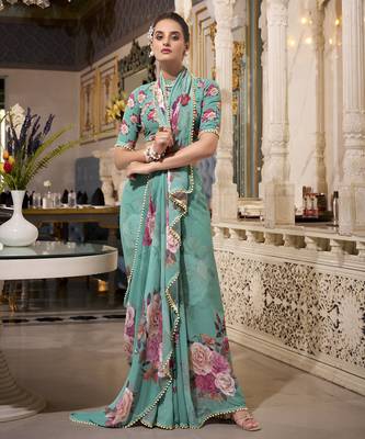 Green spectacular georgette printed with pearl lace saree with unstitched blouse 3