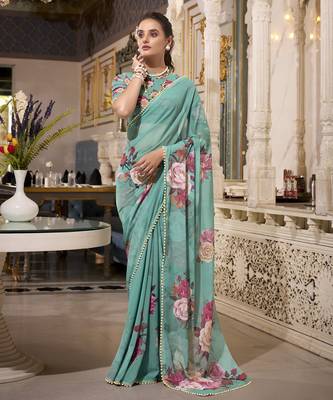 Green spectacular georgette printed with pearl lace saree with unstitched blouse 4