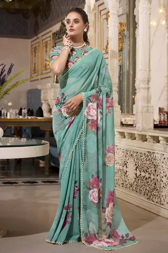Green spectacular georgette printed with pearl lace saree with unstitched blouse