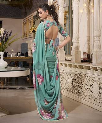 Green spectacular georgette printed with pearl lace saree with unstitched blouse 5