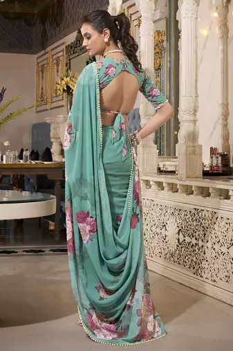 Green spectacular georgette printed with pearl lace saree with unstitched blouse