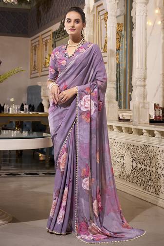 Grey spectacular georgette printed with pearl lace saree with unstitched blouse