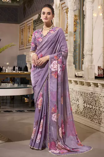 Grey spectacular georgette printed with pearl lace saree with unstitched blouse