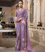 Grey spectacular georgette printed with pearl lace saree with unstitched blouse