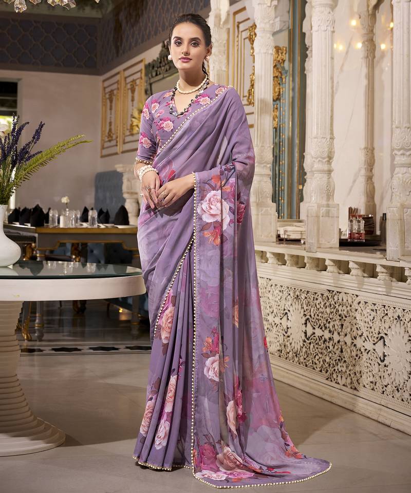 Grey spectacular georgette printed with pearl lace saree with unstitched blouse