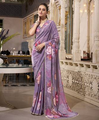 Grey spectacular georgette printed with pearl lace saree with unstitched blouse 2