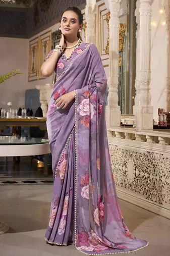 Grey spectacular georgette printed with pearl lace saree with unstitched blouse