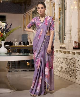 Grey spectacular georgette printed with pearl lace saree with unstitched blouse 3