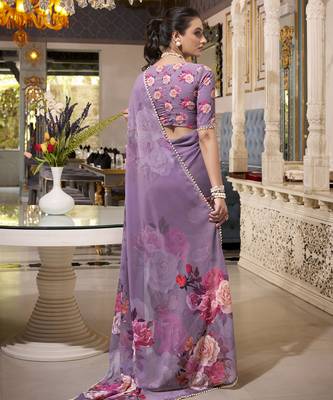 Grey spectacular georgette printed with pearl lace saree with unstitched blouse 4