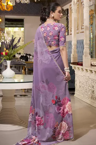 Grey spectacular georgette printed with pearl lace saree with unstitched blouse