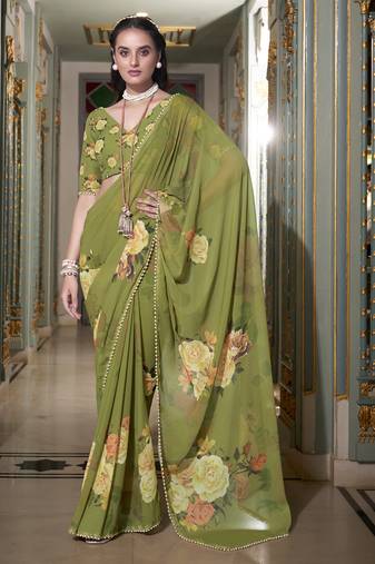 Mehendi spectacular georgette printed with pearl lace saree with unstitched blouse