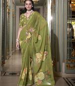 Mehendi spectacular georgette printed with pearl lace saree with unstitched blouse