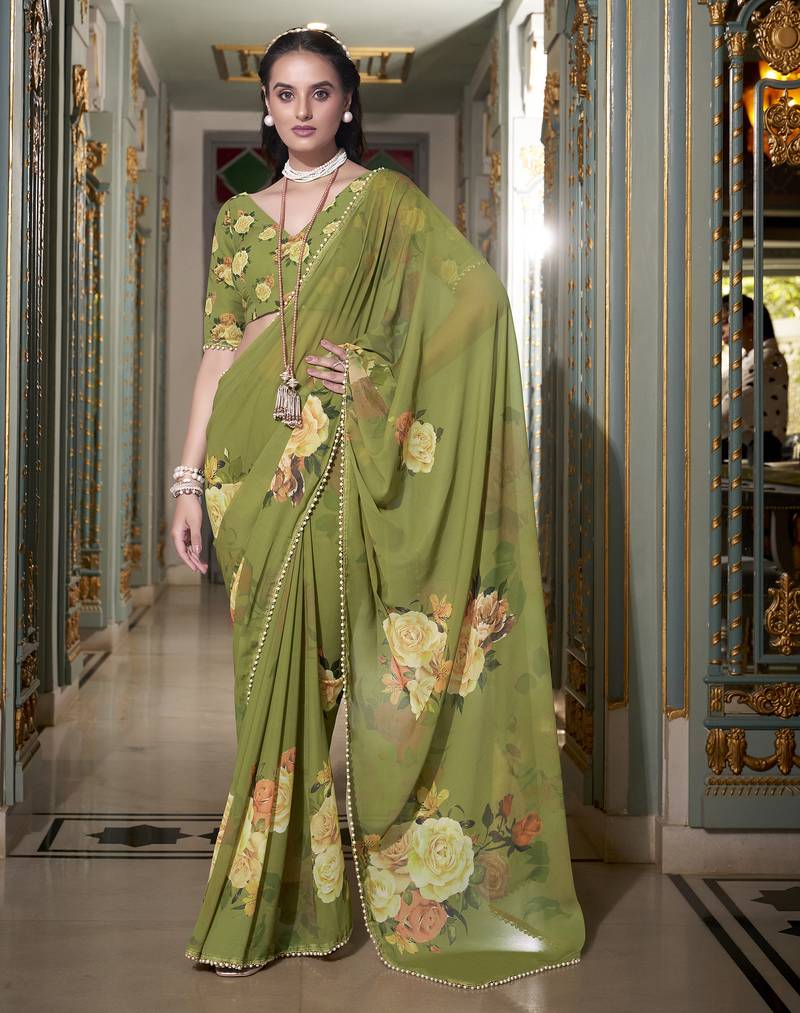 Mehendi spectacular georgette printed with pearl lace saree with unstitched blouse