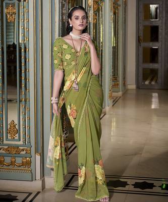 Mehendi spectacular georgette printed with pearl lace saree with unstitched blouse 2