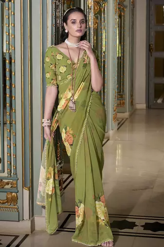 Mehendi spectacular georgette printed with pearl lace saree with unstitched blouse