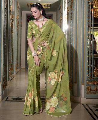Mehendi spectacular georgette printed with pearl lace saree with unstitched blouse 3