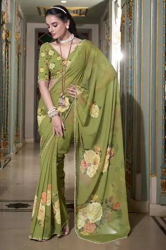 Mehendi spectacular georgette printed with pearl lace saree with unstitched blouse
