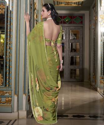 Mehendi spectacular georgette printed with pearl lace saree with unstitched blouse 4