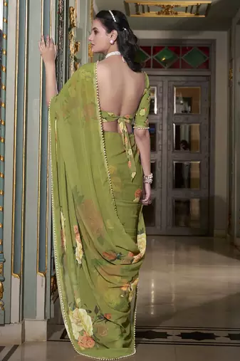 Mehendi spectacular georgette printed with pearl lace saree with unstitched blouse