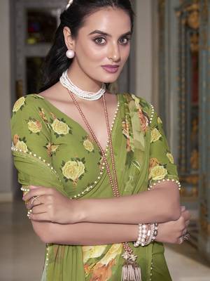Mehendi spectacular georgette printed with pearl lace saree with unstitched blouse 5