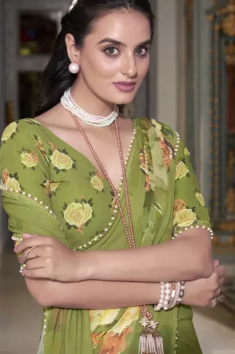 Mehendi spectacular georgette printed with pearl lace saree with unstitched blouse