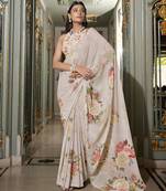 Off white spectacular georgette printed with pearl lace saree with unstitched blouse
