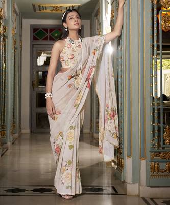 Off white spectacular georgette printed with pearl lace saree with unstitched blouse 3