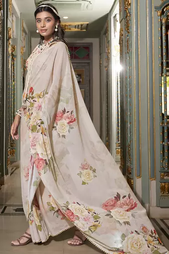 Off white spectacular georgette printed with pearl lace saree with unstitched blouse
