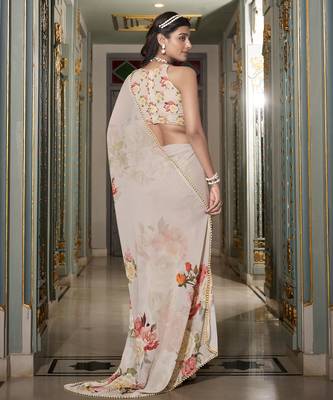 Off white spectacular georgette printed with pearl lace saree with unstitched blouse 5