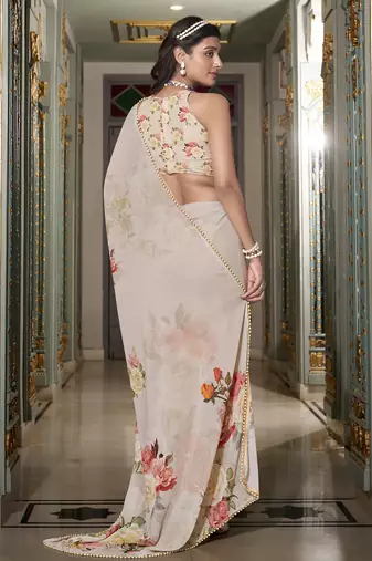 Off white spectacular georgette printed with pearl lace saree with unstitched blouse
