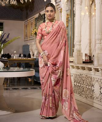 Orange spectacular georgette printed with pearl lace saree with unstitched blouse 1