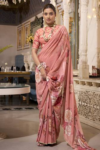 Orange spectacular georgette printed with pearl lace saree with unstitched blouse