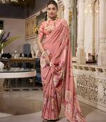 Orange spectacular georgette printed with pearl lace saree with unstitched blouse