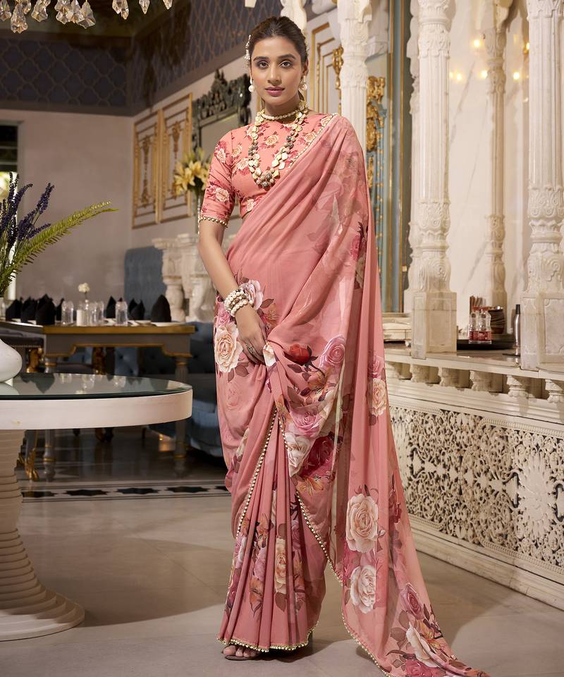 Orange spectacular georgette printed with pearl lace saree with unstitched blouse