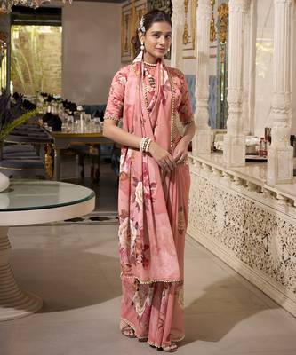 Orange spectacular georgette printed with pearl lace saree with unstitched blouse 2