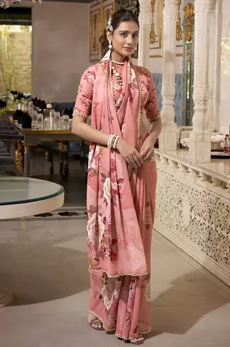 Orange spectacular georgette printed with pearl lace saree with unstitched blouse