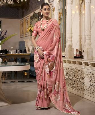 Orange spectacular georgette printed with pearl lace saree with unstitched blouse 3