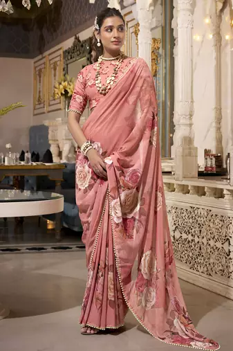 Orange spectacular georgette printed with pearl lace saree with unstitched blouse
