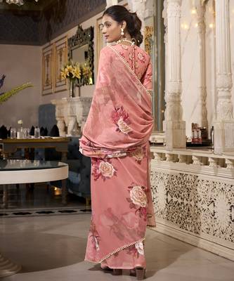 Orange spectacular georgette printed with pearl lace saree with unstitched blouse 4