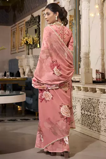 Orange spectacular georgette printed with pearl lace saree with unstitched blouse