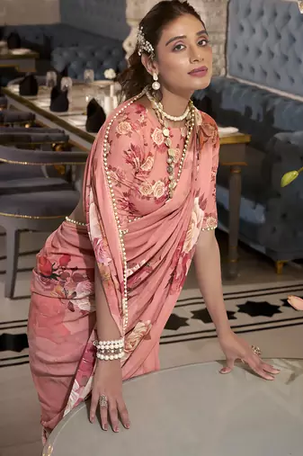 Orange spectacular georgette printed with pearl lace saree with unstitched blouse