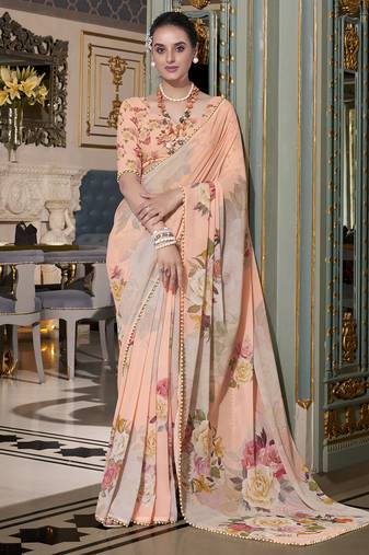 Peach spectacular georgette printed with pearl lace saree with unstitched blouse