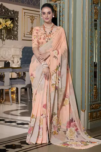 Peach spectacular georgette printed with pearl lace saree with unstitched blouse