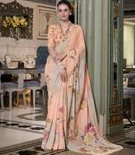 Peach spectacular georgette printed with pearl lace saree with unstitched blouse