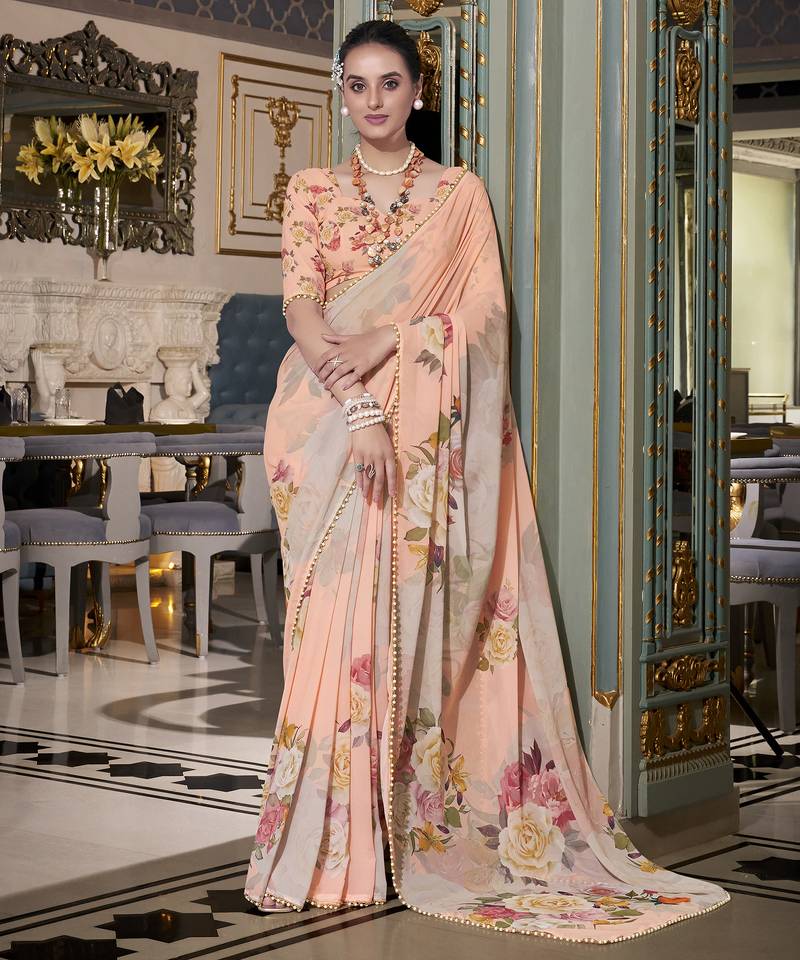 Peach spectacular georgette printed with pearl lace saree with unstitched blouse