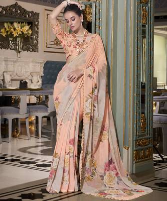 Peach spectacular georgette printed with pearl lace saree with unstitched blouse 2